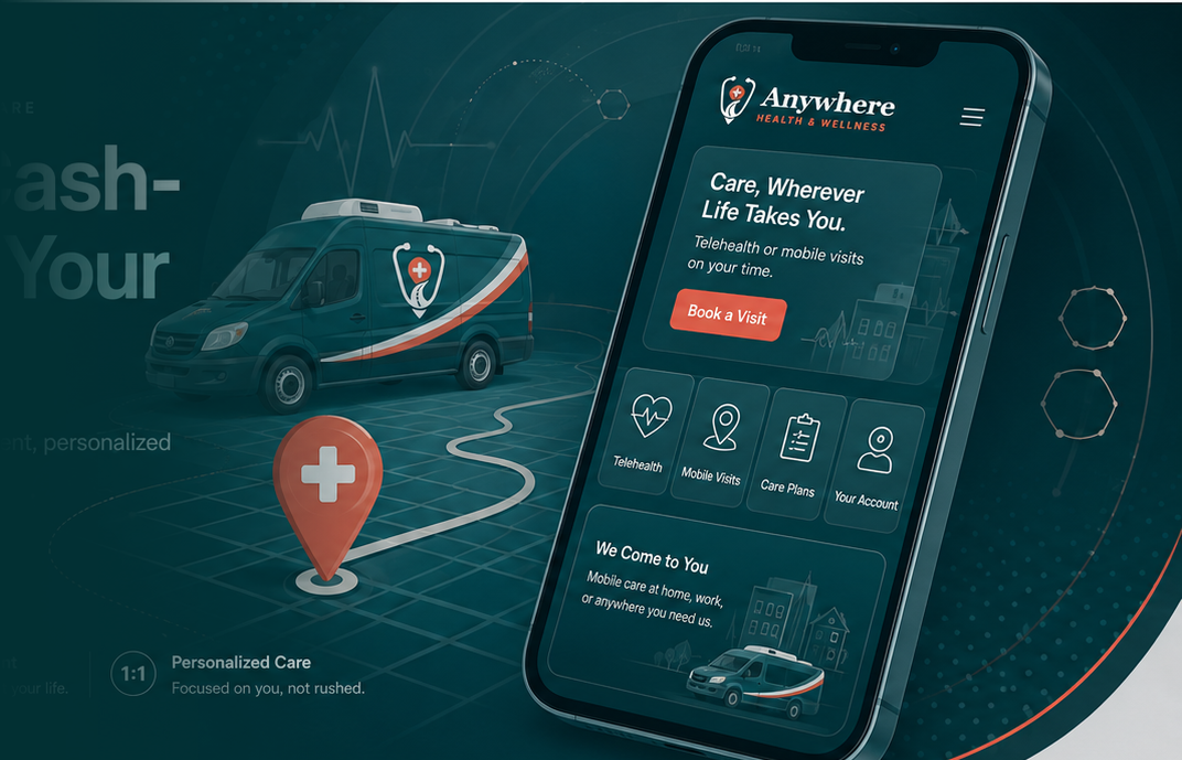 Telehealth phone, mobile care vehicle, and medical location pin graphics